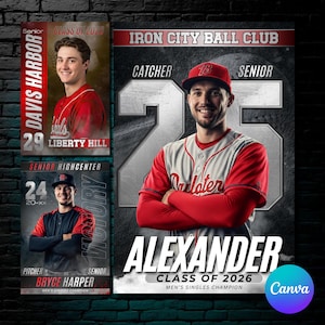 Op de afbeelding: Een promotieposter voor de Iron City Ball Club met drie honkbalspelers. De poster bevat de namen van de spelers, hun posities en de tekst "Klasse van 2026". Het kleurenschema is rood, grijs en zwart.
