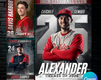 May include: A promotional poster for the Iron City Ball Club featuring three baseball players. The poster includes the players' names, positions, and the text "Class of 2026." The color scheme is red, grey, and black.