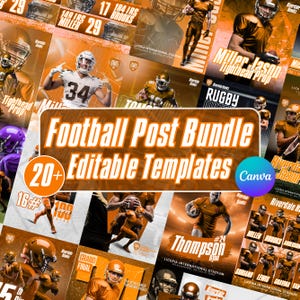 Può includere: Un collage di modelli a tema calcio arancioni e bianchi. Lo striscione centrale recita "Football Post Bundle" con "20+ Editable Templates". I singoli modelli presentano giocatori di football, nomi di squadre e dettagli dello stadio. Il logo Canva è visibile.