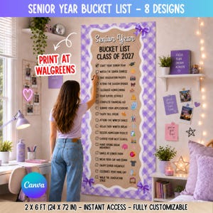 May include: A vertical poster titled Senior Year Bucket List Class of 2027 with a light purple gingham border and decorative bows. The list features checkboxes and icons for various senior activities on a tan background, measuring 2 by 6 feet.