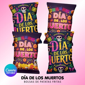 Bearbeitbare Chip-Beutelvorlage, Dia de los Muertos Party Favors, Zuckerschädel Leckerlibeutel, Fiesta Feier Dekor Digital