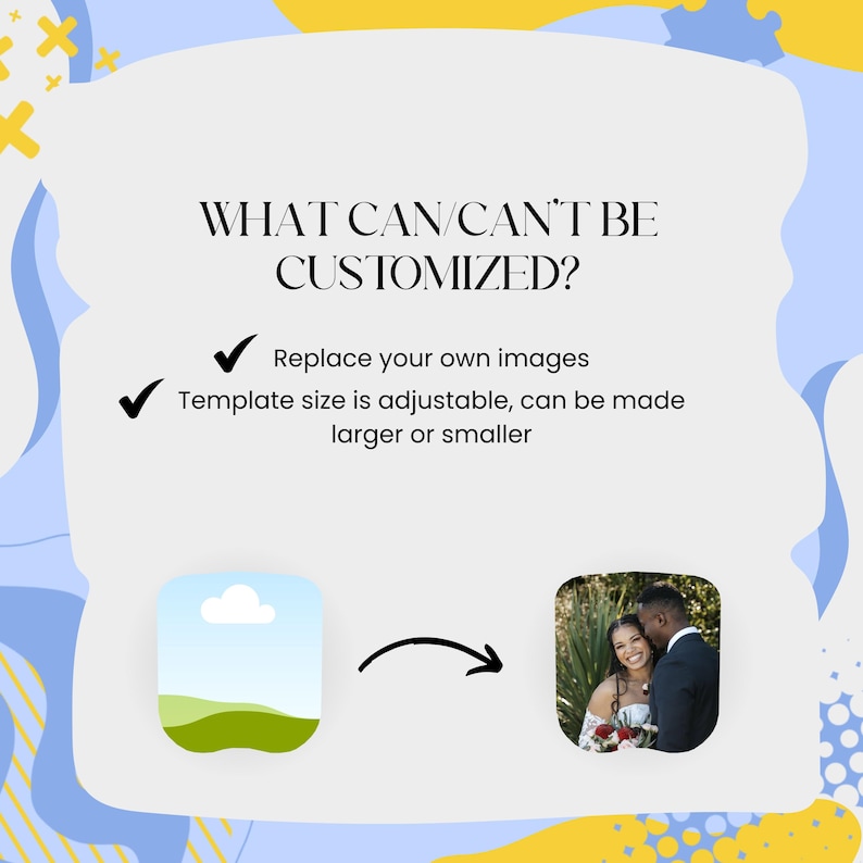 May include: A graphic with the text "WHAT CAN/CAN'T BE CUSTOMIZED?" and two checkmarks. The text indicates that images can be replaced and the template size is adjustable. The image includes a landscape and a photo of a couple.