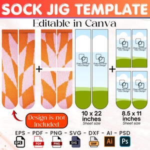 Może przedstawiać: Szablon szablonu skarpet z tekstem "SOCK JIG TEMPLATE" i "Editable in Canva". Projekt zawiera szablony skarpet z pomarańczowymi i białymi wzorami oraz szablony z tekstem "Drag and Drop Your Design". Rozmiary arkuszy to 25,4 x 55,88 cm i 21,59 x 27,94 cm.