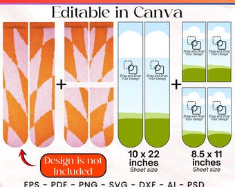 May include: A sock jig template with the text "SOCK JIG TEMPLATE" and "Editable in Canva". The design includes sock templates with orange and white patterns, and templates with "Drag and Drop Your Design" text. Sheet sizes are 10 x 22 inches and 8.5 x 11 inches.