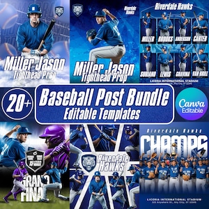 May include: A selection of baseball templates in blue hues, showcasing players, team logos, and text. The templates include the text "Baseball Post Bundle" and "Riverdale Hawks". The templates are Canva editable.