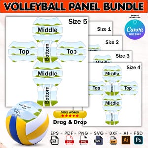 May include: A digital volleyball panel bundle with various sizes, including Size 5, Size 4, Size 3, Size 2, and Size 1. The design features panels labeled "Top", "Middle", and "Bottom". Includes "Drag & Drop" functionality and is Canva editable.