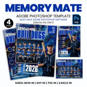 Peut inclure: Un modèle numérique pour Adobe Photoshop sur le thème du baseball, avec le texte "Legendary Bulldogs" et l'année "2026." Le design comprend des joueurs de baseball et est disponible en quatre tailles: 20,3x25,4 cm, 12,7x17,8 cm, 17,8x12,7 cm et 6,4x8,9 cm.