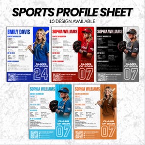 May include: A collection of five sports profile sheet templates featuring athlete photos, contact information, academic details, and statistics. Each layout includes a QR code, the text "SPORTS PROFILE SHEET," "10 DESIGN AVAILABLE," and "CLASS OF 2026."