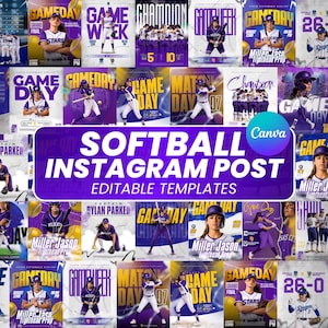 Puede incluir: Una colección de plantillas de publicaciones de Instagram con temática de softbol. Las plantillas presentan imágenes de jugadoras de softbol en acción, fotos de equipo y gráficos del día del partido. La combinación de colores es principalmente púrpura y dorado, con el texto "SOFTBALL INSTAGRAM POST EDITABLE TEMPLATES".