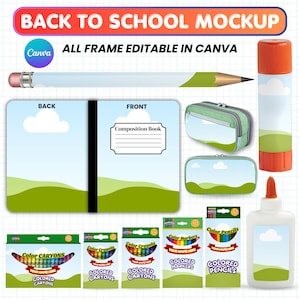 Pode incluir: Um conjunto de maquetes de volta às aulas com um lápis, um caderno, uma cola em bastão, um estojo, um frasco de cola branca e várias caixas de giz de cera, marcadores e lápis de cor, decorados com um padrão de céu azul e colinas verdes.