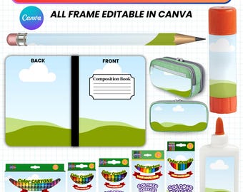 Paquete de plantillas editables de Canva para la vuelta al cole: cuaderno, barra de pegamento, lápiz, caja de colores. Descarga instantánea.