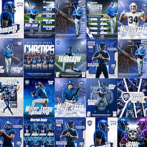 Może przedstawiać: Kolaż plakatów sportowych przedstawiających sportowców w niebieskich strojach, baseballistów z kijami oraz futbolistów w kaskach. Grafiki zawierają napisy takie jak Riverdale Hawks, Miller Jason, Tighthead Prop i Champs, w niebiesko-białej kolorystyce.