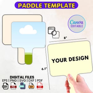 Op de afbeelding: Een digitale paddle-sjabloon met de tekst "PADDLE TEMPLATE" en "YOUR DESIGN". De paddle is ongeveer 20,3 cm bij 15,5 cm. De afbeelding bevat ook bestandstype-pictogrammen voor EPS, PNG, SVG, DXF en PDF.
