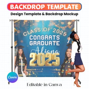 Op de afbeelding: Een blauwe en gouden afstudeerachtergrond sjabloon met de tekst "Class of 2025", "Congrats Graduate" en "Aliana 2025". Het sjabloon is bewerkbaar in Canva.