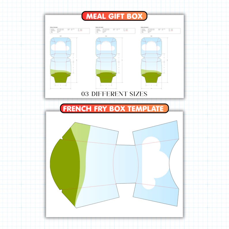 May include: A diagram of a meal gift box and a French fry box template. The meal gift box design features a blue sky and green grass design. The French fry box template is a flat, unfolded design with a green and blue color scheme.