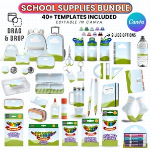 Könnte beinhalten: Ein digitales Schulbedarfs-Set mit über 40 bearbeitbaren Canva-Vorlagen. Die Artikel umfassen einen Rucksack, eine Brotdose, Trinkflaschen mit 9 Deckeloptionen, Federmäppchen, Notizbücher, Filzstifte, Wachsmalstifte und Buntstifte.
