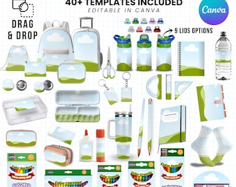 All School Supply Mockup Template Bundle, Drag And Drop, Back To School Bundle,Notebook,Tumbler Mockup,Crayon Box Mockup,Geometry,School Bag