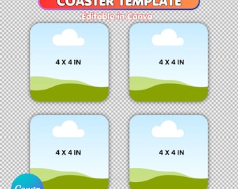 May include: A square coaster template with four 4 x 4 inch (10.16 x 10.16 cm) placeholders. Each placeholder features a blue sky, white cloud, and green landscape. The design includes the text "DRAG N DROP SQUARE COASTER TEMPLATE" and "INSTANT DOWNLOAD".