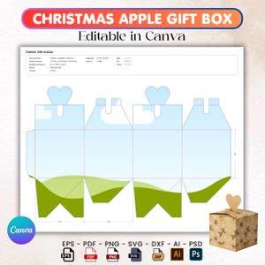 Puede incluir: Una plantilla para una caja de regalo de manzana navideña, con un diseño azul claro y verde y cierres en forma de corazón. El texto "CHRISTMAS APPLE GIFT BOX" y "Editable in Canva" se muestran en la parte superior. Se muestra una caja terminada en la parte inferior derecha.