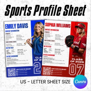 Puede incluir: Una hoja de perfil deportivo con el texto "Sports Profile Sheet" en la parte superior. La hoja presenta a dos atletas, Emily Davis y Sophia Williams, con su información de contacto, detalles del entrenador de la escuela secundaria y estadísticas en el campo. La hoja es de tamaño carta estadounidense.