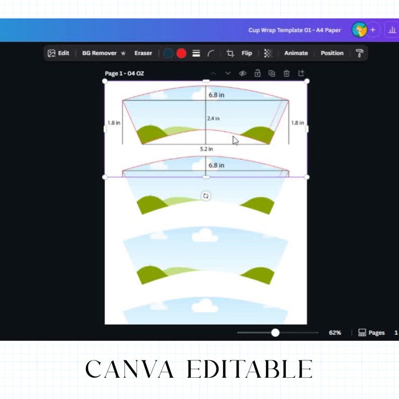 May include: A digital template for a cup wrap, with dimensions in inches. The design includes a landscape illustration and is labeled "CANVA EDITABLE". The template is designed for A4 paper and is 6.8 inches wide.