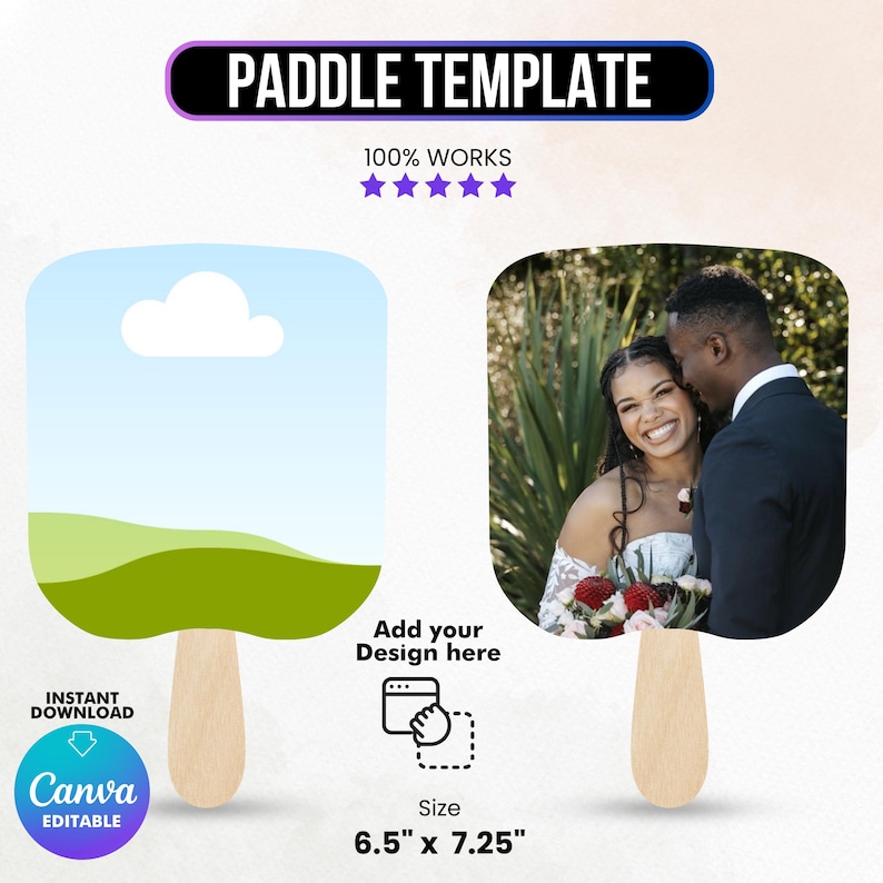May include: Paddle template with a wooden handle. One side features a landscape design with a blue sky and green hills. The other side displays a photo of a smiling couple. The size is 16.51 cm x 18.42 cm.