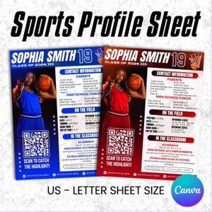 Può includere: Due schede profilo sportivo per una giocatrice di basket di nome Sophia Smith, classe 2026, con una foto di una giocatrice con un pallone, informazioni di contatto, statistiche, risultati accademici e un QR code Scan to catch the highlight.