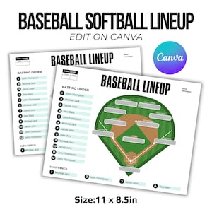 Peut inclure: Feuilles de composition de baseball et de softball avec un schéma de terrain de baseball vert et des détails de l'ordre des frappeurs. Les feuilles sont blanches avec du texte noir et le logo Canva. La taille est de 27,9 x 21,6 cm.