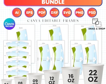 Paper Cup Wrapper Canva Template Bundle, 6 Sizes, Styrofoam Cup, Paper Coffee Cup Template, Drag and Drop Blank Cup Wrapper Instant Download