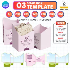 Puede incluir: Una plantilla para cajas de jabón con el texto "SOAP BOX TEMPLATE" y "CANVA FRAMES INCLUDED". Las cajas son de color rosa claro y contienen barras de jabón. Las medidas son 75 x 27 x 55 mm, 80 x 27 x 55 mm y 85 x 27 x 55 mm.