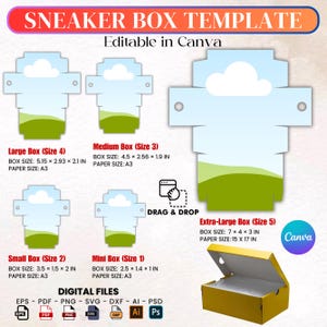May include: A template for sneaker boxes with various sizes, including extra-large, large, medium, small, and mini. The design features a sky and landscape scene. The text includes "Sneaker Box Template" and "Editable in Canva". Box sizes are in inches.