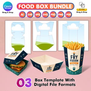 May include: A digital food box bundle template featuring three distinct packaging designs for a burger box, a tray, and a fry carton. The designs include the text FRY FUSION, with various file format icons like AI, DXF, EPS, SVG, PNG, and PDF displayed.