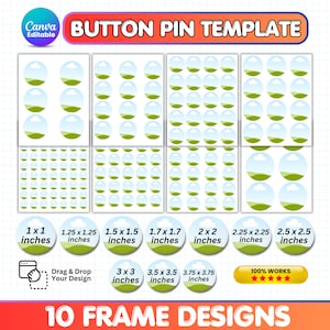 May include: A digital button pin template featuring 10 frame designs with various circular sizes ranging from 2.54x2.54 cm to 9.53x9.53 cm. The layout includes multiple sheets of circular placeholders with a landscape graphic and text labels.