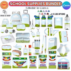 Puede incluir: Un conjunto de útiles escolares con una variedad de artículos, incluyendo mochilas, botellas de agua, cuadernos y lápices de colores. Los artículos presentan un diseño de nubes y paisaje. La imagen incluye el texto "SCHOOL SUPPLIES BUNDLE" y "Editable in Canva".