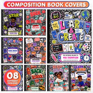 08 Composition Notebook Covers, Composition Notebook Cover Designs Canva Template, Printable Back to School, Instant Download