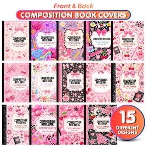 May include: A collection of 15 composition notebook covers featuring pink and black color palettes with various patterns including bows, cherries, flowers, stars, and hearts. Each cover displays the text Composition Notebook and Olivia Carter.