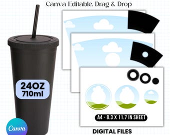 Plantilla para envolver vasos de 24 oz, plantilla para vasos de 24 oz, plantilla para vasos fríos de 24 oz, plantilla de sublimación Canva de 24 oz, envoltorio para vasos de café, vaso acrílico