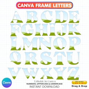May include: Full alphabet of Canva frame letters, uppercase, with a landscape design inside each letter. The letters are transparent with a green and blue landscape. The image includes the text "CANVA FRAME LETTERS".