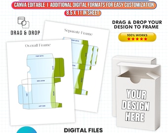 May include: A white playing card box template with the text "YOUR DESIGN HERE". The image includes digital file formats and instructions for easy customization. The template is 8.5 x 11 inches.