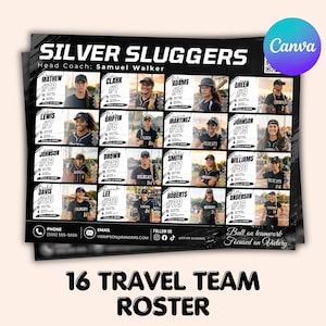 Op de afbeelding: Een zwart-wit sportteamrooster-sjabloon getiteld Silver Sluggers met zestien individuele spelersprofielen met namen, rugnummers en portretfoto's. De lay-out bevat contactgegevens, sociale media-pictogrammen en de tekst Built on teamwork Focused on Victory.