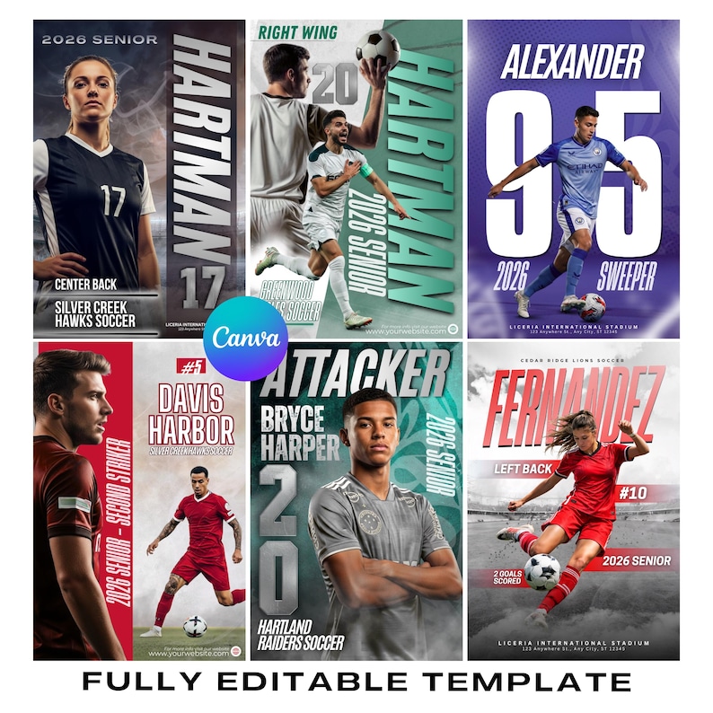May include: A collection of soccer team posters featuring player portraits, team names, and the text "2026 Senior." Each poster has a unique design with player names, positions, and team logos. The posters are fully editable templates.