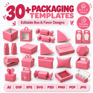 Puede incluir: Una colección digital de más de 30 plantillas de embalaje con cajas rosas y diseños de regalo. La imagen muestra varias formas de cajas, incluyendo estilos de caramelo, almohada y con asa, con etiquetas de texto que indican hojas de 8.5 x 11 y formatos de archivo AI, DXF, EPS, SVG, PSD, PNG, PDF y JPG.