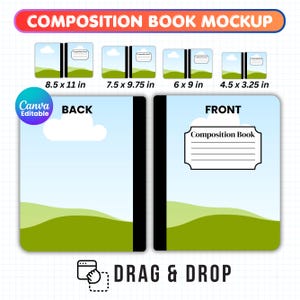 May include: A digital composition book mockup featuring a blue sky, white clouds, and green hills design. The image displays front and back covers with a label reading Composition Book. Sizes include 8.5 x 11 in, 7.5 x 9.75 in, 6 x 9 in, and 4.5 x 3.25 in.