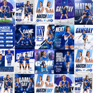Puede incluir: Una colección de veinte plantillas de diseño gráfico para anuncios de partidos de voleibol, con atletas en uniformes azules, tipografía en negrita con texto como Game Day y Match Day, y varios diseños para eventos deportivos.