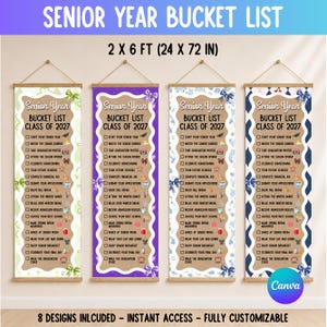 May include: Four vertical hanging banners titled Senior Year Bucket List Class of 2027, measuring 2 x 6 feet. Each banner features a checklist of graduation-related activities on a tan background with decorative borders in green, purple, blue, and navy.