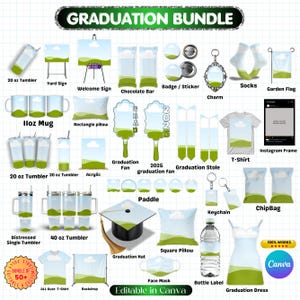 Puede incluir: Una colección de productos con temática de graduación, que incluye vasos, letreros, ropa y accesorios. La imagen presenta una variedad de artículos como tazas, almohadas, abanicos y un gorro de graduación. Los productos están decorados con una combinación de colores verde y blanco.