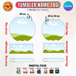 Tumbler Name Tag SVG, H2.0 Version, 40oz 30oz 20oz 14oz Tumbler Name Tag, Tumbler Topper Lid Name Tag, Canva Template Instant Download