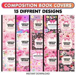 May include: A digital collection of 15 composition book covers featuring various pink and black patterns, including bows, cherries, flowers, and stars. Each cover displays a central label with the text Composition Notebook and Olivia Carter.