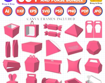 Modello modificabile Canva per scatole e borsette per bomboniere, modello digitale per scatole regalo personalizzate, decorazioni fai da te per bomboniere, cornici digitali Canva