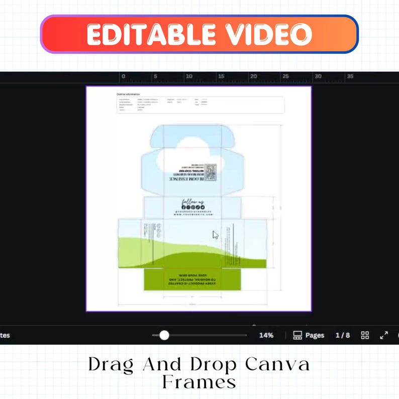 May include: A digital design layout of a product box, featuring a light blue and green color scheme. The design includes text and a QR code. The words "EDITABLE VIDEO" are displayed at the top. The text "Drag And Drop Canva Frames" is at the bottom.